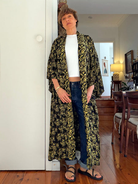 Black & Yellow Floor Length Batik Duster/Kimono Coat • (Free Size)