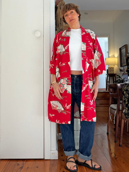 Pre-Loved Vintage Red Japanese Cotton Kimono • (Size S/M)