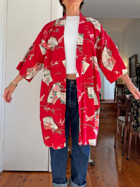 Pre-Loved Vintage Red Japanese Cotton Kimono • (Size S/M)