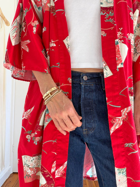 Pre-Loved Vintage Red Japanese Cotton Kimono • (Size S/M)