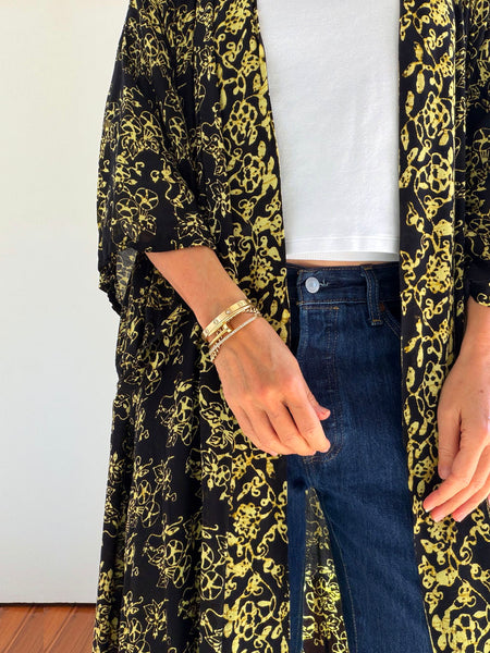 Black & Yellow Floor Length Batik Duster/Kimono Coat • (Free Size)