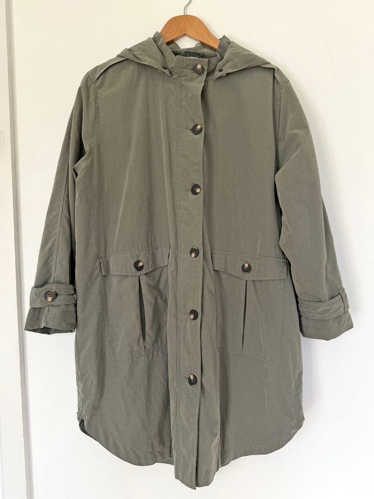 Khaki Hooded Lightweight Trench Coat • (Size 14-16)