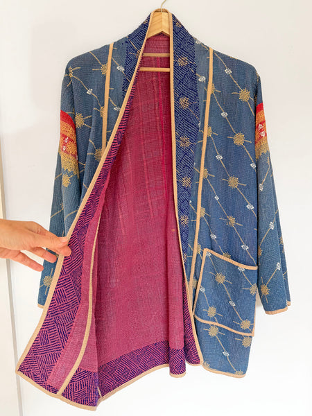 Reversible Indian Cotton Kantha Coat • Free Size