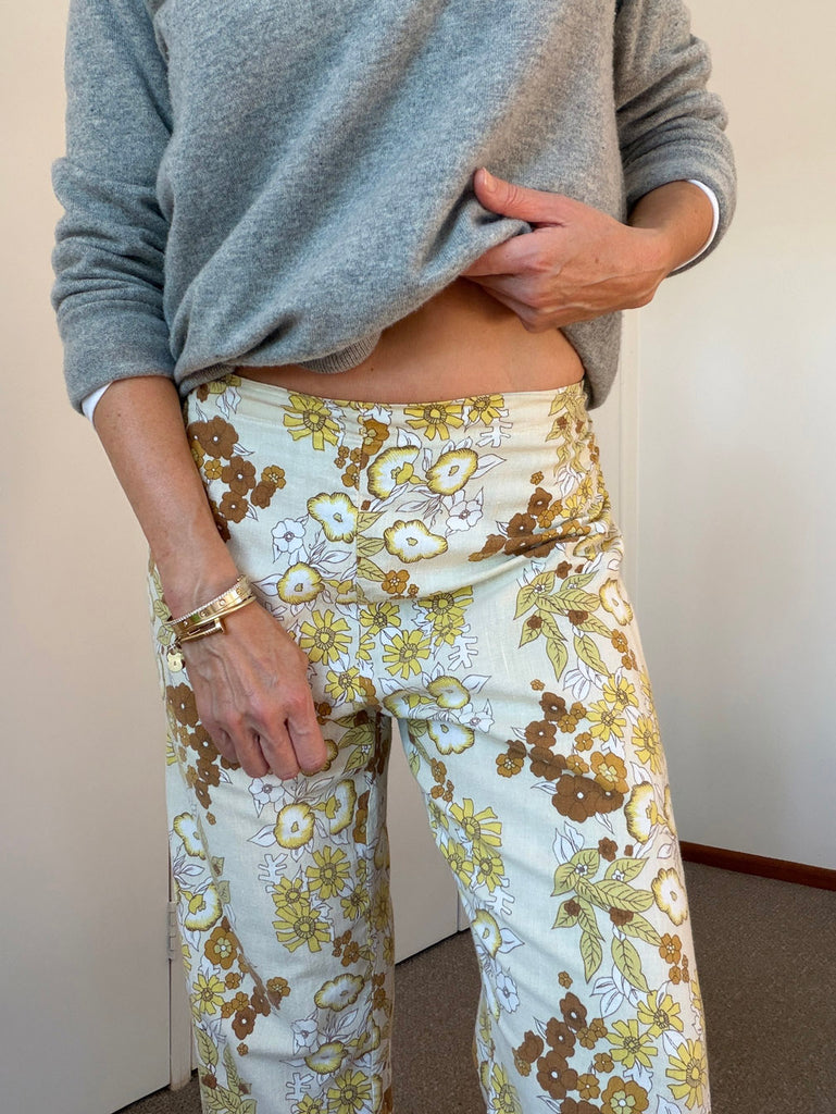 Pre-Loved ESSIE PALM BEACH Yellow/Brown Floral Linen Pants • Size 10