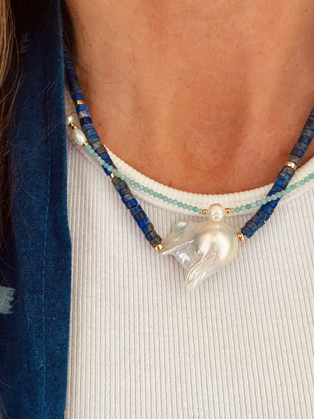 Baroque Pearl Heishi Necklace (Lapis Lazuli)
