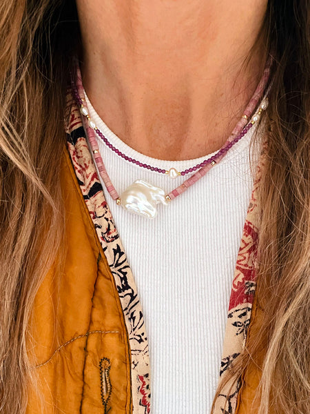 Baroque Pearl Heishi Necklace (Rhodonite)