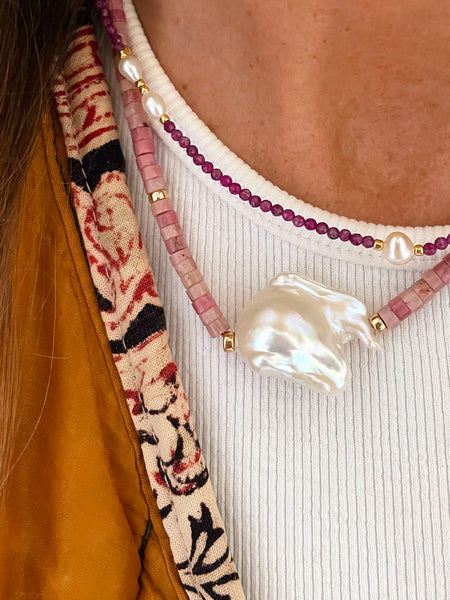 Baroque Pearl Heishi Necklace (Rhodonite)