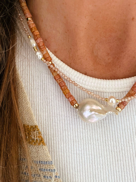 Baroque Pearl Heishi Necklace (Sesame Jasper)