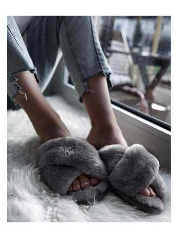 Shearling Mayberry Slides (Charcoal)
