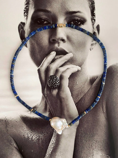 Baroque Pearl Heishi Necklace (Lapis Lazuli)