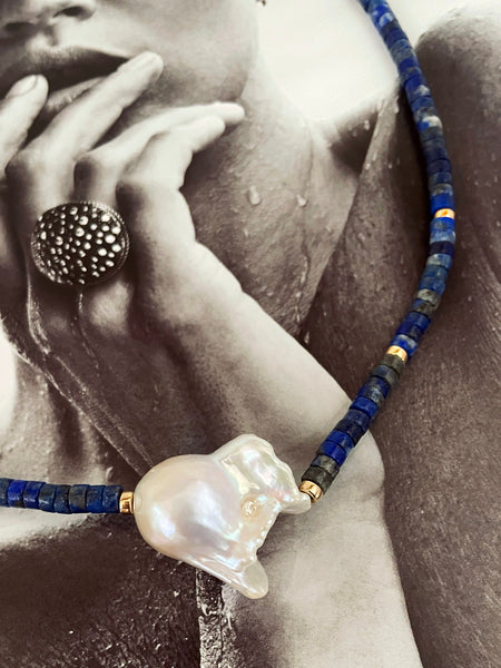 Baroque Pearl Heishi Necklace (Lapis Lazuli)