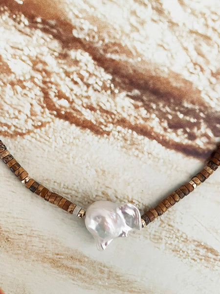 Baroque Pearl Heishi Necklace (Picture Jasper)