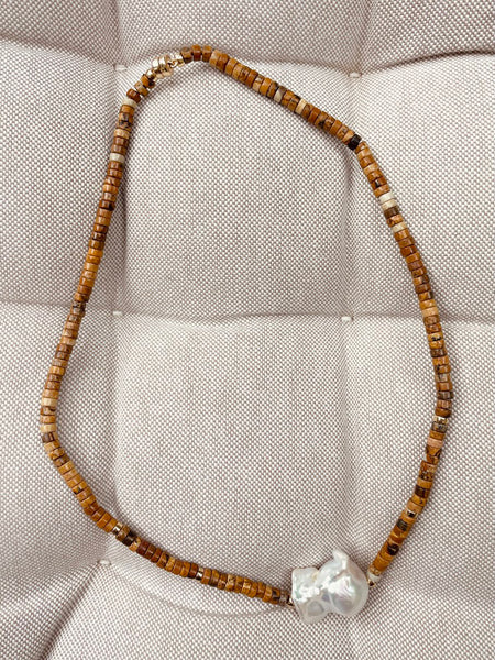 Baroque Pearl Heishi Necklace (Picture Jasper)