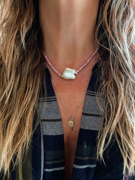 Baroque Pearl Heishi Necklace (Rhodonite)