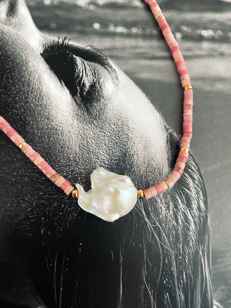 Baroque Pearl Heishi Necklace (Rhodonite)