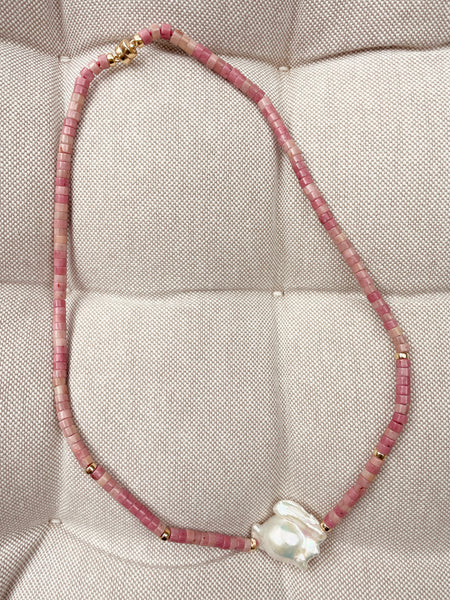 Baroque Pearl Heishi Necklace (Rhodonite)